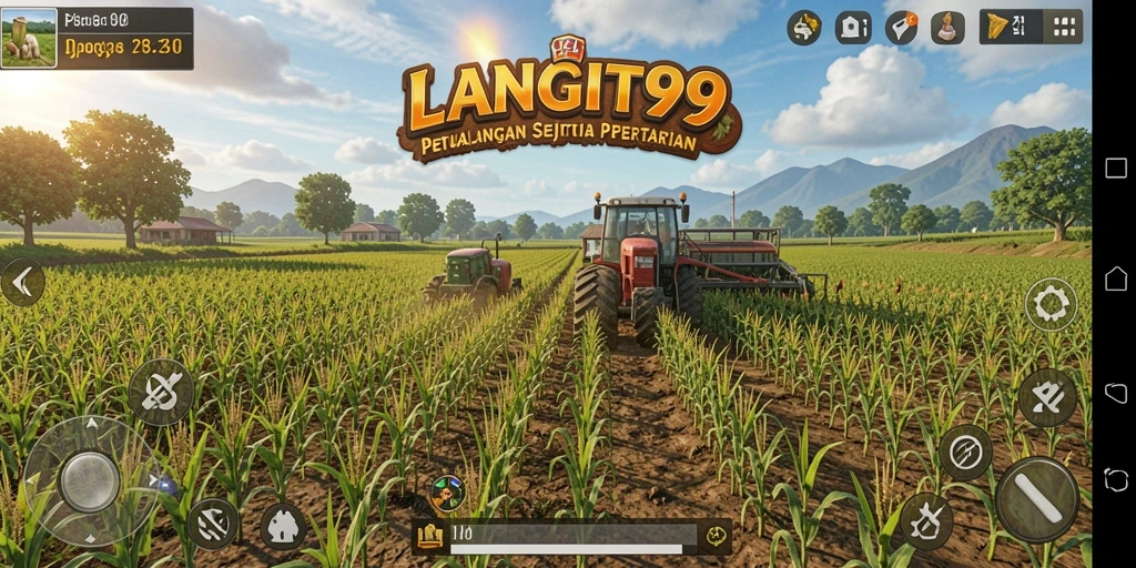 Screenshot utama LANGIT99 menampilkan suasana ladang pertanian yang indah dan aktivitas bertani.