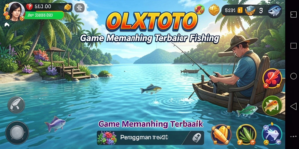 Screenshot gameplay OLXTOTO yang menampilkan menangkap ikan di danau.